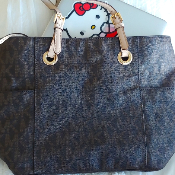 KORS Michael Kors Handbags - Michael Kors Jet Set Travel Tote for 15" Laptop, Brown with MK monogram